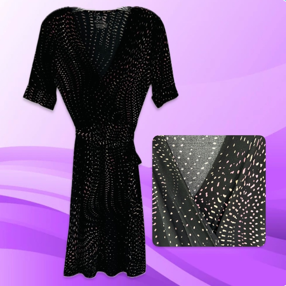 XS Apt. 9 Faux Wrap Dress Black Purple Cream Wavy Pattern Extra Small